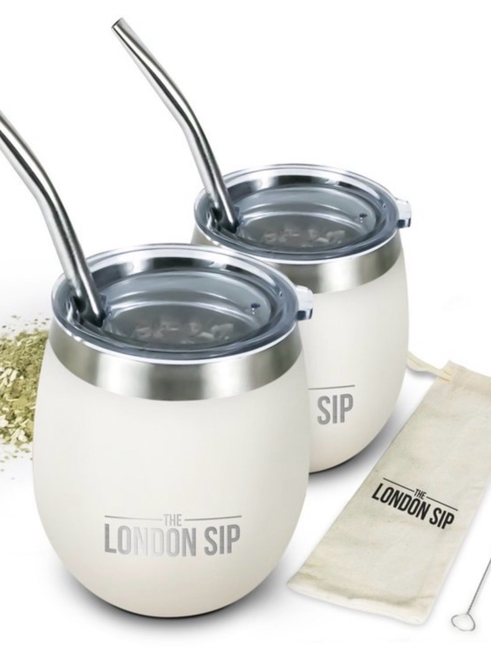 NEW London Sip White Insulated Double Mate Cups with Lids and Straws
